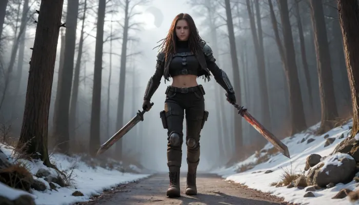 A 24-year-old woman hunts prey in a dystopian winter forest, wearing a sensual outfit made of natural fabrics and animal hides. She has extremely long dreadlocks, styled with bones, metal spikes, and dark glass beads, contrasting starkly against the snowy backdrop. Her clothing combines survivalist practicality with provocative design, a fitted leather-and-fur bodysuit with exposed midriff, adorned with belts, rusted rivets, and bone ornaments, combat boots with spiked soles, and a satchel made of scavenged animal pelts. She wields a sleek black bow with metallic accents and glass-tipped arrows, while a wounded mutated creature, (e.g., a deformed elk), lies nearby. The setting features skeletal trees coated in acid icicles, a toxic storm on the horizon, and a polluted sky glowing faintly under a pale moon. Her expression is fierce, with camo-paint streaks on her face, emphasizing her ruthless adaptability in this harsh world. Color palette, cold blues/greys for the environment, deep burgundy/black for her attire, and metallic copper accents. Style blends cyberpunk grit with primal decay, emphasizing tension between humanity, nature, and decay. Technical details, hyper-realistic textures, (frost on fur, weathered metal), dynamic low-angle perspective, and motion blur as she advances.