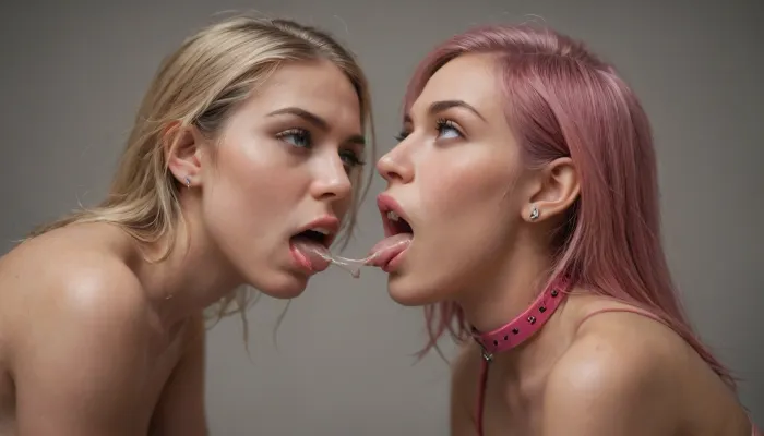 angry face and eyes, (18 yo girl with short pink hair), (fucking mouth), (18 yo girl with long blonde hair), using, (pink strap-on), 2nd girl on knees, both naked, dark room, hyperdetailed, hyperrealistic, 8k, dominant mood