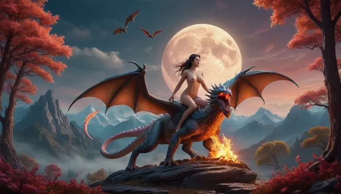 best quality, big moon, mountain magical landscape, huge trees, fantastic birds, glowing flowers, nude busty beautiful girl riding a fire-breathing dragon, full color image, 8K quality