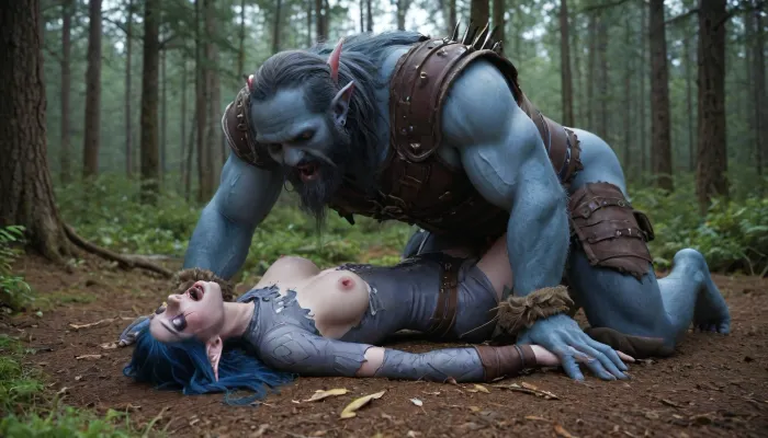 World of Warcraft, (Night elf girl), blue skin and hair, natural tits, beautiful girl, huge boobs, orgasm, sex, detailed face, head thrown back, mouth open, crying, forest, torn leather clothes, being fucked hard by a huge bearded man wearing leather armour, missionary, arrow quiver laying on the ground nearby, arrows sticking out of nearby trees, arrows stuck in the ground, <lora:crying:1.3>, bad, anatomy, hands, feet, <lora:badanatomy_SDXL_negative_LORA_SeaArtXL_v1:.8>