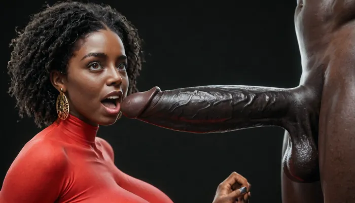 black african woman, absolutely black skin, deep ebony skin, African, Nigerian, Nubian, (((absolutely black skin))), long straight black hair, (milf:1), dark eyes, red spandex top, massive breasts, amused, surprised, happy, mouth open, looking at a massive cock of a black african male with a gigantic thick 25 inch penis, huge erection., black room, black background.