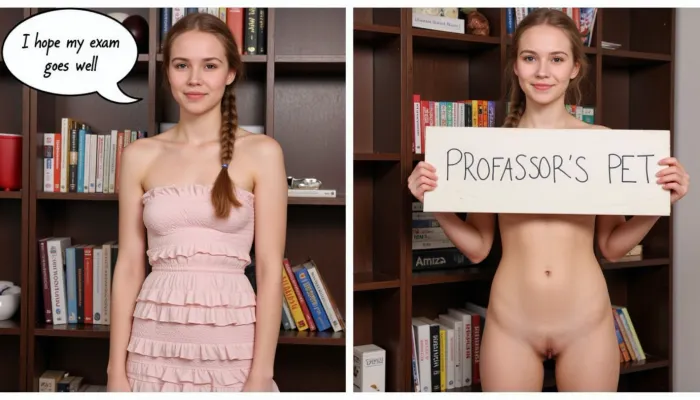 side-by-side two pictures of a young Scandinavian, slim, woman, with blonde hair, french braid. On the first picture on the left she wears a ruffled dress, standing in front of a bookshelf, thinking bubble "I hope my exam goes well". On the second picture on the right she stands naked in front of the same bookshelf, and holds a handmade sign with text "PROFESSOR'S PET".