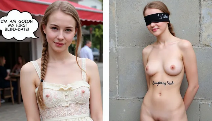 side-by-side two pictures of a young Scandinavian, slim, woman, with blonde hair, french braid. On the first picture on the left she wears a ruffled lace dress, standing in front of a café, speech bubble "I AM GOING ON MY FIRST BLIND-DATE". On the second picture on the right she stands naked in front of a concrete wall, blindfolded, hands behind back, and on her body is written text with big marker "3 HOLE GANGBANG SLUT".