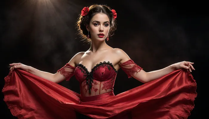a illustration of a adult beautiful flamenco dancing woman in a transparent red flamenco skirt with a black scarf in a flamenco dancing pose and a bull runs toward her from the background, black background and a spotligth on she, arabesque, figurative art, realistic spanish woman painting, She has a pretty coquettish faded face, elaborate hairstyle, small breasts, detailed crystal eyes, light glowing irises, heartshaped lips, lip gloss, aroused skin, she exhales, dramatic sunset, long shadows, dreamy mood, detailed photo, photorealistic photo, realistic pretty women photo, night vision, soft fokus, parallax, overexposure, #©KITTYART