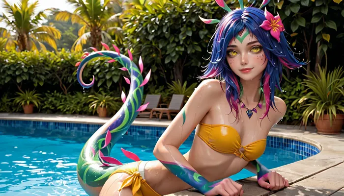 Neeko's splash: a multicolored poolside seduction - vibrant imagery of league of legends' neeko
