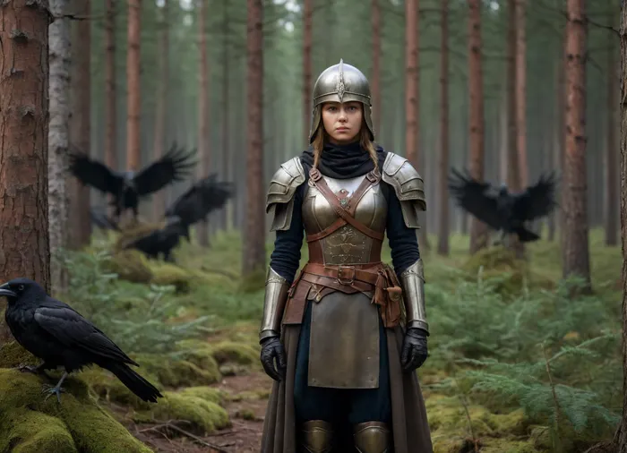 Russian girl-warrior in Russian battle attire, Russian armour, Russian helmet, after the battle, standing over the corpses of the defeated enemies, a raven sitting on her shoulder, spruce forest in background, (dense spruce forest), in the style of paintings by Konstantin Vasilyev, best proportion, (full-length image:1.3)
