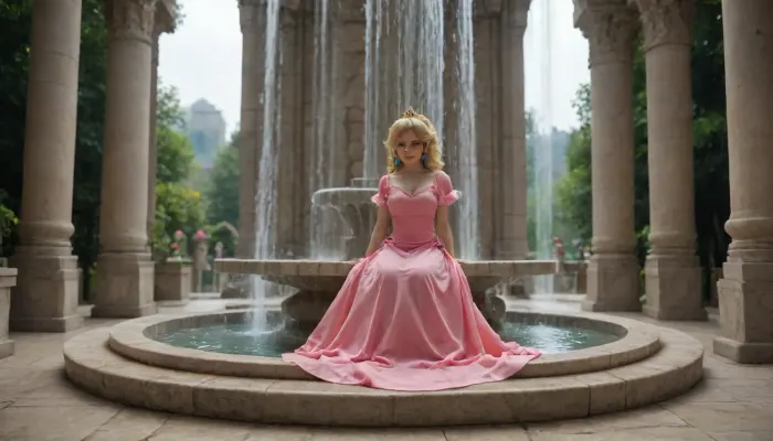 Princess peach from Mario sitting in a fountain, full body view