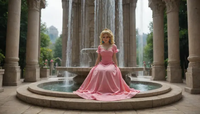 Princess peach from Mario sitting in a fountain, full body view