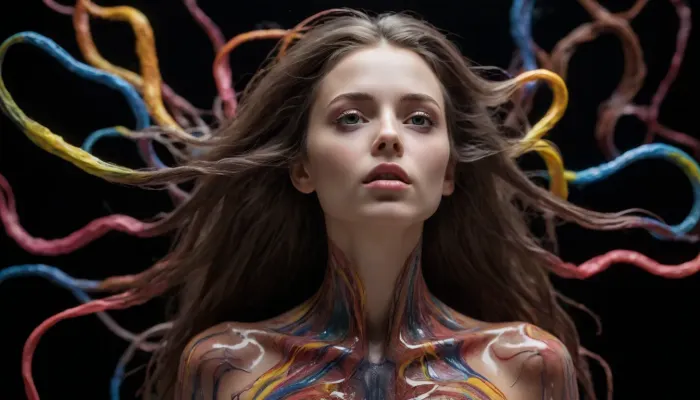 image of a coquettish woman with a very long hair, ferrofluids, sculpted out of candy, human bodies intertwined, scribbled lines, surrender, polychromatic, anthropomorphic, humanoid, she looks to side, in the blackbox, ((weightless))