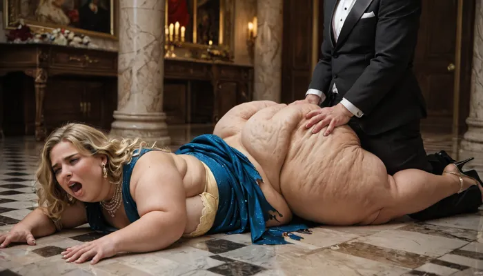 In palace, extreme fat, obese, fat face, double chin, fattened, cellulite ssbbw blonde, Royal dress, taking off dress, taking off panties, lying on stomach, arms tied in back, pressed on floor, panties down, taking off bra, torn dress, hairy pussy, anal penetration, men in tuxedo suit, screaming