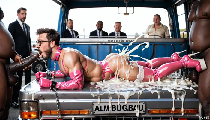 hairy, 55 years old, hairy gay men, with beard, black short haircut, wearing glasses, (black hair short hair), hairy chest guy, garter straps, in dungeon jail, deepthroat, hands handcuffed behind back, spit, enormous veiny cock, huge hairy balls, shocked, side view, horizontal motion lines, hyper cum, aggressive, (excessive cum:1.3), beard, satin ruffle gloves, high platform shoes, open mouth, xcross, from, front, behind, metal, padded, tied, sexmachine, restrained, bound, bdsm, anal, asshole, object, insertion, outstretched, arms, gay men with both hands above head straighten and tied on xcross metal board, dildo, sex, machine, sex-machine, squirting, peeing, masturbation, Stocks, Pose, Cuffs, on, Ankles, and, Wrists, 1gay men, spread, legs, cum, in, stationary, restraints, lingerie garter belt straps, gay men wearing white high heels fetish platform stiletto shoes, suspended from the ceiling by chains, handcuffed wrists and ankles, legs spread wide in a forced split, pain and angry on his face, gay men wearing white nylon shiny stockings, ashamed, humiliated, wearing metal collar with padlock, penis locked in chastity metal cage device, pain on his face, screaming, bondage, mechanism, gay sissy boy wearing white nylon shiny stockings, ((wearing satin white bra)), ((large white satin push bra)), short black hair, submissive, black short hair, wide opened mouth, tongue out, ahegao, shiny brown double band stockings, white satin gloves, tears, crying, chains, chained belt, tied hands behind back, handcuffs, orgasm, ropes, slave, mouth gag, bulged, mouth open, (pink latex stripper outfit:1.3), pink shiny sheer stockings, white platform heels, (Sissy gay man laying on stomach inside truck:1.3), Sissy gay man restrained, (fat burly ugly hideous black African man with double chin:1.3), multiple black old men, men with cocks leaking man orgasm face, (gangbang:1.3), rough sex, anal sex, cum in ass, overpowered position, cum on leg, (back of truck:1.3), fat crowd lined up, wide angle, full body, truck stop parking lot, outdoor, sunset, many people around, crowd peoples