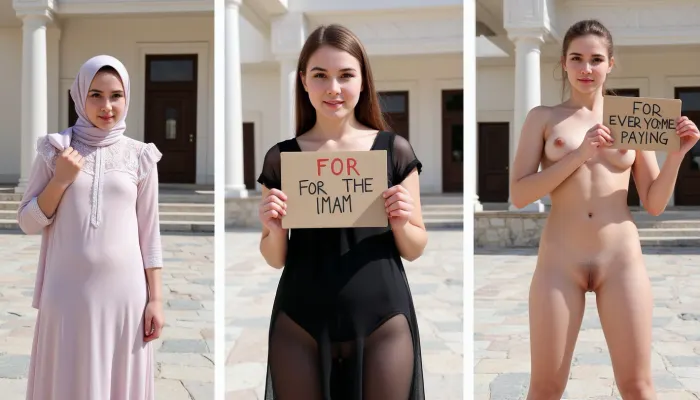 side-by-side three pictures of a young Arabic, petite, woman, standing in front of a mosque. On the first picture on the left she wears a long dress and hijab, and holds a handmade sign with text "FOR THE IMAM". On the second picture in the middle she wears a black transparent dress, see-thru dress, and holds a handmade sign with text "FOR MY FAMILY". On the third picture on the right she is completely naked, nude, and holds a handmade sign with text "FOR EVERYONE PAYING".