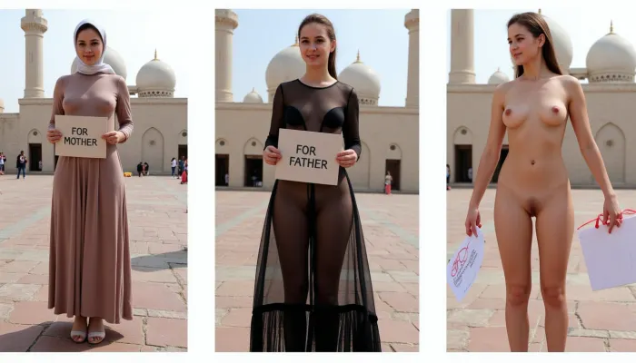 side-by-side three pictures of a young Arabic, petite, woman, standing in front of a mosque. On the first picture on the left she wears a long dress and hijab, and holds a handmade sign with text "FOR MOTHER". On the second picture in the middle she wears a black transparent dress, see-thru dress, and holds a handmade sign with text "FOR FATHER". On the third picture on the right she is completely naked, nude, and holds a handmade sign with text "FOR COUSIN".