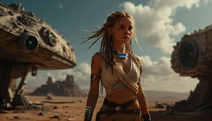 Star Wars Style, heroic full body view of a heavy attacking Jedi Warrior in front of Millennium Falcon, slender, slim waist, blonde matted dreadlocks, flat breasted, sweating, dirt, perfect tanned skin, lucky charm necklace, holding blue lightsaber, highly detailed costume, perfect face, desert, bright sunshine on sweaty skin, deep blue sky, clouds, spaceport, millennium falcon as ally in background, 8k, high resolution, cinematic, <lora:MJ52:.8>