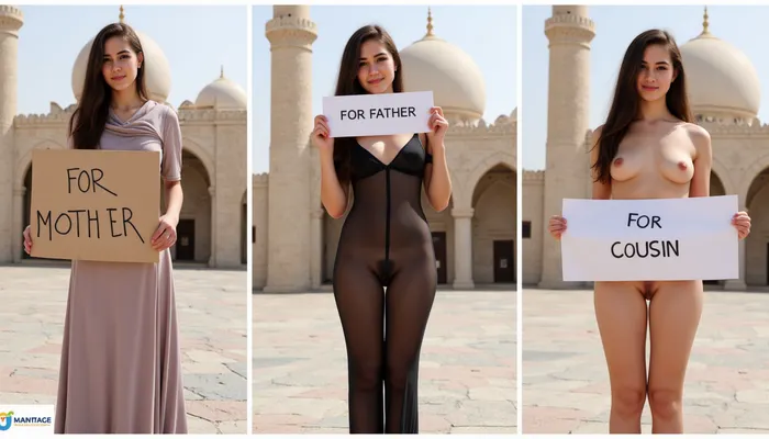side-by-side three pictures of a young Arabic, petite, woman, standing in front of a mosque. On the first picture on the left she wears a long dress and hijab, and holds a handmade sign with text "FOR MOTHER". On the second picture in the middle she wears a black transparent dress, see-thru dress, and holds a handmade sign with text "FOR FATHER". On the third picture on the right she is completely naked, nude, and holds a handmade sign with text "FOR COUSIN".