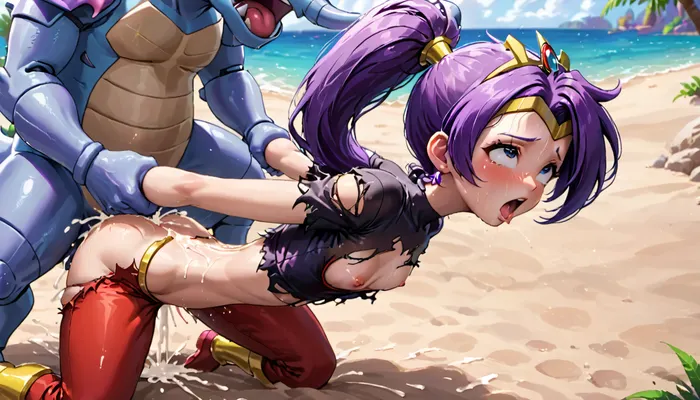 Shantae, dark purple hair, ponytail, tiara, 1 girl, on all fours, slender body, small breasts, fucked by Nidoking from pokemon, massive cock, ahegao, cum on back, Arms held back, ripped clothes, ripped shirt, side view, (((moaning:1.5))), (((arms held back:1.2)))