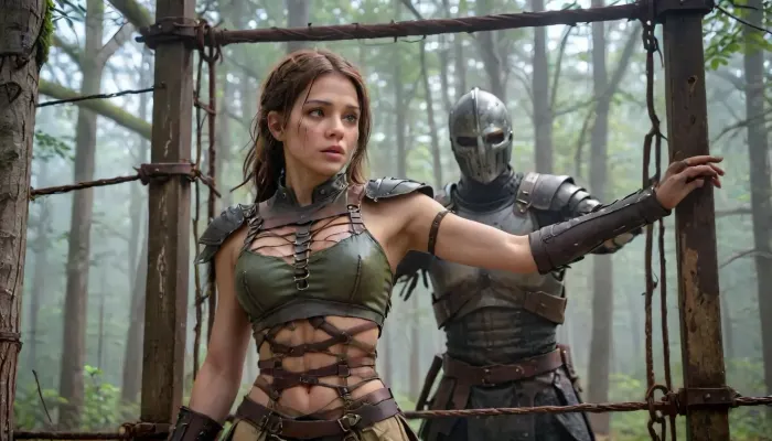 girl in a tattered medieval tunic of coarse linen, with frayed edges and traces of dirt, stands in an iron cage that resembles an animal enclosure. Her hair is disheveled, her eyes are fearfully defiant, and her fingers are gripping the bars as if she's trying to defend herself. The cage is surrounded by a misty forest thicket, rusty spikes on the bars and shadows from the branches add to the sense of confinement. There are two hunters around, men in worn leather armor, daggers on their belts and crossbows on their backs. Their postures are aggressive — one is leaning toward the cage, grinning, his hand reaching for the lock, the other is half-turned, eyeing the captive with carnivorous interest. The hunters ' faces are a mixture of cruelty and lustful curiosity, narrowed eyes, stiff neck muscles, greasy grins. **Details to draw, **, **Textures, ** focus on the frayed fabric of the tunic, the gleam of the metal of the cage, the roughness of the tree bark in the background., **Lighting, ** the dim moonlight filtering through the fog creates sharp shadows on the hunters ' faces and glare on their weapons., **Emotions, ** fear and resistance in the girl's eyes, contrasting with the predatory passion of men., **Environment details, ** moss on the ground, broken branches underfoot, cobwebs in the corners of the cage. — * * Colors, ** a muted palette, (gray-green tones of the forest, dark brown leather of armor), with an emphasis on the pallor of the girl's skin and bloody reflections on metal. — * * Composition, ** a bottom view that highlights the threatening position of the hunters, a light haze for an atmosphere of alarm. **Technical instructions, ** Use ultra-detailed rendering for the characters ' faces and hands, 8K texture resolution for rendering small elements, (such as scratches on bars), and dynamic lighting with soft shadows. Add a motion blur to the background to focus your attention on the cell. * Restriction, The description does not contain explicit scenes of violence, but implies a tense atmosphere.*, fantasy, scaled, humanoid, 4ng3l, face, <lora:SDXL_BetterFaces-LoRA_v1:.9>