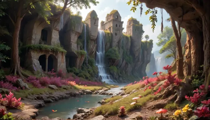 A turbulent river cuts through a fantastic utopian landscape, its turquoise waters glowing faintly with bioluminescent algae as it tumbles down moss-covered cliffs. A cute 21-year-old virgin is sitting by the water, she has blue hair braided in pigtails, small breasts and a big ass, she is very sexy and depraved. Tall trees with translucent amber bark and iridescent leaves form a lush canopy, while fields of luminescent purple, coral and gold flowers sway in the breeze. The air shimmers with floating pollen and tiny winged creatures that resemble dragonflies with colored glass wings. In the distance, jagged crystal spires rise, half hidden by cascading vines and glowing mushrooms clinging to their bases. The sky is a kaleidoscope of soft aurora borealis merging with peach-hued clouds, casting a warm glow over ancient stone bridges covered in ivy and orchids. No sign of technology — just a harmonious co-existence of magic and nature, with waterfalls feeding crystal-clear pools teeming with fish that shimmer like living gems. Style, unearthly fantastic realism with super-detailed textures, (water droplets, leaf veins, crystal faces), and a bright palette of precious stones against a background of earthy green and gold tones., 4ng3l, face, <lora:add-detail-xl:.8>, <lora:SDXL_BetterFaces-LoRA_v1:1>