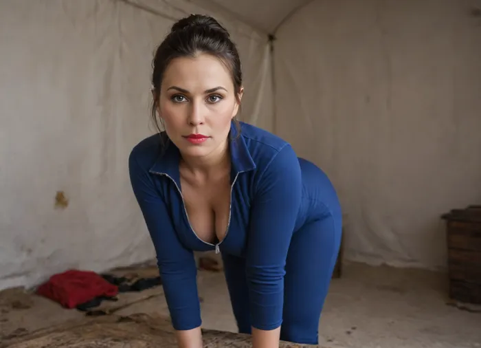 (4K UHD ultra-detailed RAW photo), high detailed, 8k, (photorealistic:1.7), raw photo, face focus, 1/2 body view, soviet mature woman, ((completely clothing)), ((in blue sport suit)), (curvy body), ((black updo BOUFFANT haircut)), cleavage, 40 years old, perfect face, ((sad:1.3)), blue eyes, makeup, red lipstick, ((standing near the tent)), ((bent over)), <lora:580159_training_data:.5>, plump, skindentation, chubby, bbw, venus, body, big, breasts, ass, <lora:Chubby BBW - XL:.8>