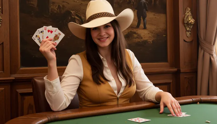 Wild West cowgirl, playing poker in a dusty saloon, holding, (playing cards), and standing, cowboy bebop, Fredric Remington style, oil painting, bright colors, beautiful faces, sharp, smooth, detailed, high resolution, trending on artstation
