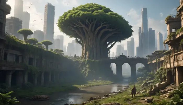** Bird's eye view of a post-apocalyptic metropolis, ** Vast jungles of concrete and steel are swallowed up by nature, skyscrapers with * * collapsed facades* * and **rusted beams* * have turned into vertical gardens where * * giant ferns* * and * * creepers * * entangle * * cracks in the walls**, and * * waterfalls of moss * * flow down through the **mangled elevators**. The roofs are hidden under a dense jungle canopy of oaks, palm trees, and glowing mushrooms, whose roots tear the freeways into crumbling slabs dotted with rusty car hulks and leaning streetlights. ** Collapsing bridges * * hang over * * overgrown canals**, where * * brown bears* * drink from * * swamps with water lilies**, and * * herds of antelopes * * roam among * * destroyed billboards* * with * * peeling paint**. In the sky, **swift peregrine falcons * * hunt * * flocks of crows * * circling over * * the remains of stadiums** where * * wild vineyards** have swallowed * * the stands**. ** The setting sun * * breaks through * * toxic yellow smog**, painting** the hazy haze **in * * neon green* * and * * blood orange * * shades, and * * bioluminescent algae * * shimmer in * * underground rivers* * of former subways. **8K detail * * highlights * * cracks in the asphalt**, **peeling paint* * on * * abandoned tanks**, **bird feathers scattered* * on * * alleys**, **dew drops** on **cobwebs* * between * * antennas** skyscrapers, * * rusty rivets* * on * * bridges* * and * * cactus needles * * piercing * * paving slabs**. ** HDR lighting * * enhances the contrast between * * warm highlights* * on * * cheetah skin* * and * * cold shadows* * in * * dungeon pits**, and * * raytracing * * creates * * a three-dimensional fog** that envelops * * helicopter remains* * on * * * runways**. **Focus* * on * * a giant baobab tree * * sprouting through * * the planetarium dome**, its * * snake roots* * entwining * * abandoned telescopes**, and * * the background * * dissolves into * * fog with ash particles**, where * * the silhouettes of cranes** and * * cranes * * resemble * * the skeletons of prehistoric lizards**. ** Lossless PNG format * * saves * * ultra-details**, from * * python scales* * on * * monument debris* * to * * ice crystals* * on * * icy arches* * in** permafrost * * underground storage facilities. Nature didn't just **win** — it **rewrote the DNA of the megalopolis**, turning it into a **symbiosis of apocalypse and rebirth**.