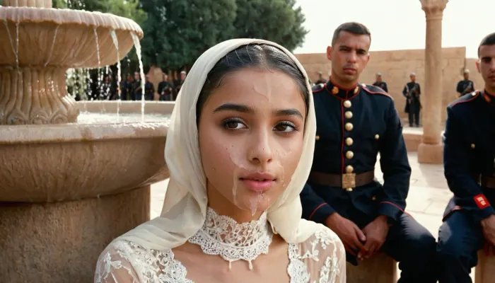portrait of a, (very petite:1.3), (19 year old), (arabic woman), (lace-hijab), (lace-dress), (cum on face), (cum on hijab), sitting near a fountain. Behind her stand three Western men, soldiers in uniform. woman, cum, on, face, <lora:JustCum:1.1>
