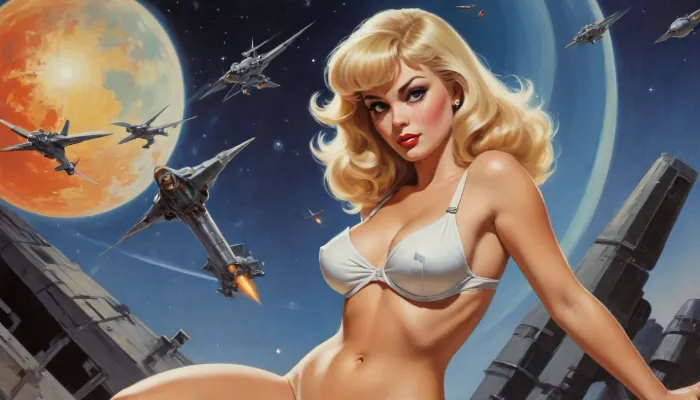 ((full body view, wide angle view)), NSFW, frank Frazetta sketch of Vintage science fiction paperback poster, (blonde hair, Latina, bangs), cleavage, pinup, glass, propaganda, JC Leyendecker, Ron Cobb, Norman Rockwell, 1960s PULP, triadic Colors, 1930s advertisement, space age, raygun, forbidden planet, space opera