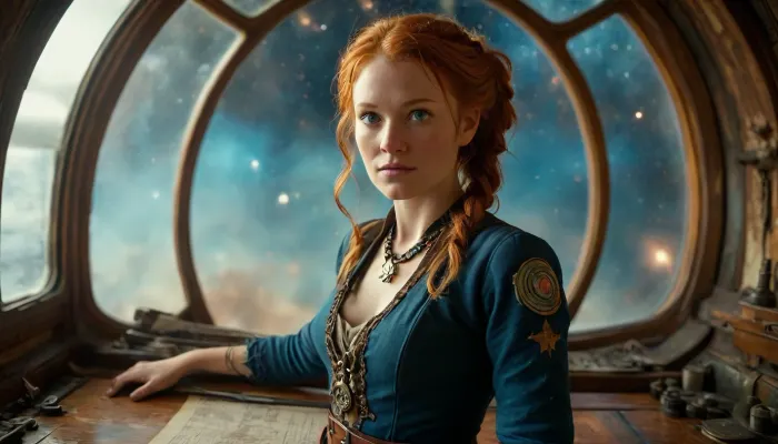 (outerspace:1.8), an image of a 45 year old woman standing at the helm of a pirate spaceship in outerspace., ((clearly Visible through the large windows is a colorful swirl of the universe)), . her hands are on the wheel. She accentuates her neckline, wearing a long-sleeved navy blue frock coat, dark red heavy skirt with leather belt and brass buckle., Her very long, straight, auburn, one braided pigtail falls over her shoulders. She has fair skin and is accessorized with an old key on a delicate necklace. her expression is happy sly coy. On the timber table beside her is an ancient map and compass. In the background, there is a crew working on raising the sails and chest of bounty, adding to the warm ambiance of the scene., looking at viewer, head turned to viewer, ginger hair, NEGATIVE_HANDS, 7-nasa, galaxies, nebula, <lora:MJ52:.5>, <lora:387205_training_data:1.4>, <lora:Nasa Style v1.0:1.4>, detailed face, detailed eyes