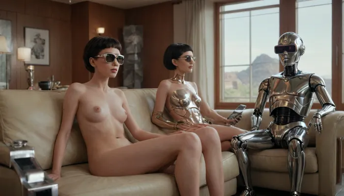 Cinematic view of George Jetson's home with ultra realistic photorealism, chrome accents. Two adults are sitting naked but wearing futuristic sunglasses fashion accessories while a shiny and chrome and naked robot serves them., zavy-cbrpnk, faceplate, <lora:zavy-cbrpnk-sdxl:.5>