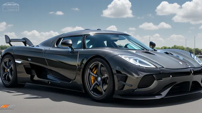 koenigsegg car, glossy bodywork in the sun, sunny parking lot, black bodywork, only the car, high resolution image