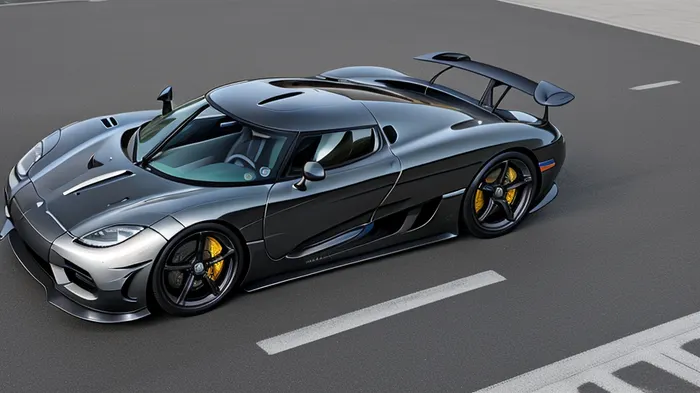 koenigsegg car, glossy bodywork in the sun, sunny parking lot, black bodywork, only the car, high resolution image, 22 inch rims, bird view