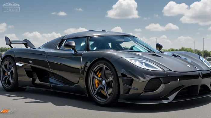 koenigsegg car, glossy bodywork in the sun, sunny parking lot, black bodywork, only the car, high resolution image