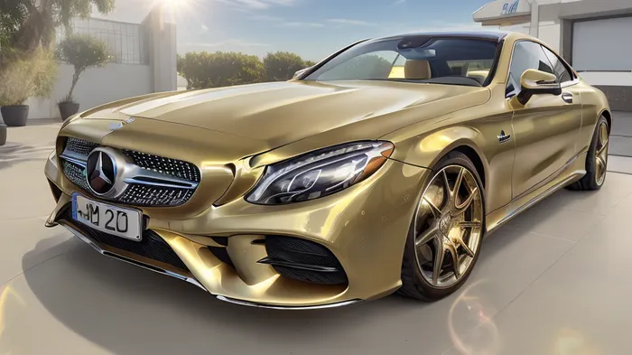mercedes benz car, glossy bodywork in the sun, sunny parking lot, gold bodywork, only this car is visible, high resolution image, 22 inch rims, bird view, gold paint finish, sun's reflection in the paintwork visible, the sun is reflected in the paintwork