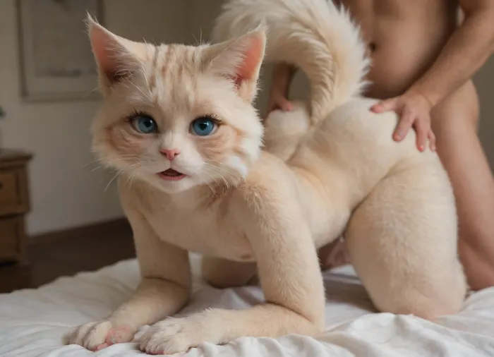 ((fluffy cat furry:1.8)), white, cute, big eyes, long eyelashes, (animal:1.5), ((chubby)), (flat chested:1.5), (oversized wide hips:1.5), (oversized thick thighs:1.5), orgasmic face with open mouth. Nude, (analsex in doggystyle by male human:1.5), on all fours., ((Anal penetration from behind))