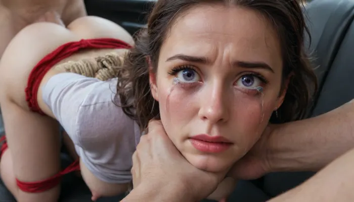 UHD 8K, cinematic masterpiece, maximum details, maximum quality, maximum realism, masterpiece, award winning photo, extremely detailed face, (wide expressive emerald-green eyes:1.3), detailed with reflective highlights, (long curled dark eyelashes:1.2), (delicately arched golden eyebrows:1.2), Wide shot of athletic 19 years old Rey Skywalker on the backseat of a car getting assfucked, professional photograph, ultra detailed, intricate details, (photorealistic:1.5), 8k, UHD, strong sidelight, contrast, tack sharp, (masterpiece:1), slim body, covered breasts, long cotton shirt, (panties pulled aside:1.5), large tits, moaning, grabbing tits, head tilted backwards, (anal:1.5), hard nipples, sweaty, steamy, detailed face, embarrassed expression, shy, blushing, looking at viewer, super high quality, super high resolution, extremely detailed, perfect face, perfect eyes, (man is choking her from behind:1.4), ((hogtied, bound for sex, tied up)), (black eyes), (pale skin:1.3), (brutal face fuck), Blowjob, (tears in eyes:1.5), (purple red face:1.5), (running makeup), ultra hd, photorealistic, hyper gigantic large black cock in mouth, (((hyper gigantic large black cock in mouth:1.3))), oral cream pie, hair grab, sad, sad crying, tongue out, brutal face fuck, tears in eyes, purple red face, running makeup, cum drips from nose, cum drips from mouth, one hand around her neck, choking her hard, strangling her, gasping for air, highly detailed, high resolution, perfect lighting, natural lighting, holding head, deepthroat, black spiked pet collar with leash, tied up in chains, hands behind back, hourglass waistline, perfect anatomic body, ass up, anal spitroast, gagging on cock, random pose, (pulled nipples:1.2), nipple clamps, spitroast, cum explosion from mouth, cum explosion from nose, wide eyes, throat bulge, puffy cheeks, thick cum
