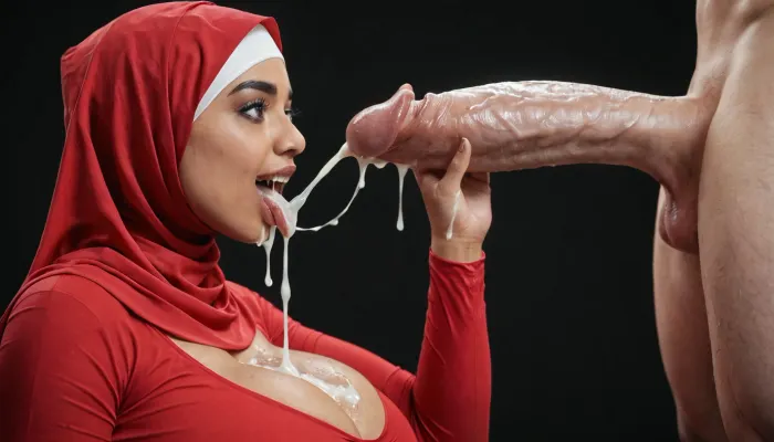 curvy beautiful Muslim woman in a tight red hijab, (milf:1), red spandex top, dark eyes, massive breasts, amused, surprised, happy, licking the head of a massive cock of a white male with a gigantic thick 25 inch penis, huge erection, handjob, cumshot on tongue, (ejaculation:1.2), excessive cum on breasts, cum on tongue, cum dripping from tongue, black room, black background.