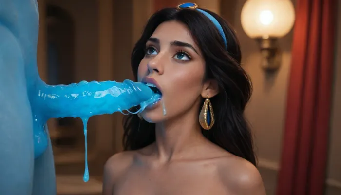 ((((Jasmine from Disney movie Aladdin)))), (looking up), ((glowing blue Genie creature huge dick from Disney movie Aladdin)), ((glowing Genie creature body)), (glowing skin), (((glowing blue cum))), (opening mouth full of glowing blue cum), (face covered with glowing blue cum), ((wide view of Jasmine mouth))