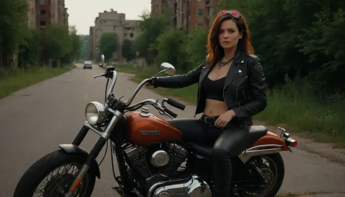 Destroyed post-apocalyptic city, abandoned high-rise buildings without windows, rusty broken cars of different brands on the sides of the street, all overgrown with grass and vines, on the street rides on a motorcycle Harley-Davidson Woman-biker, 40 years old, leather shorts, short leather jacket unbuttoned, no bra, hair covered with a bandana.