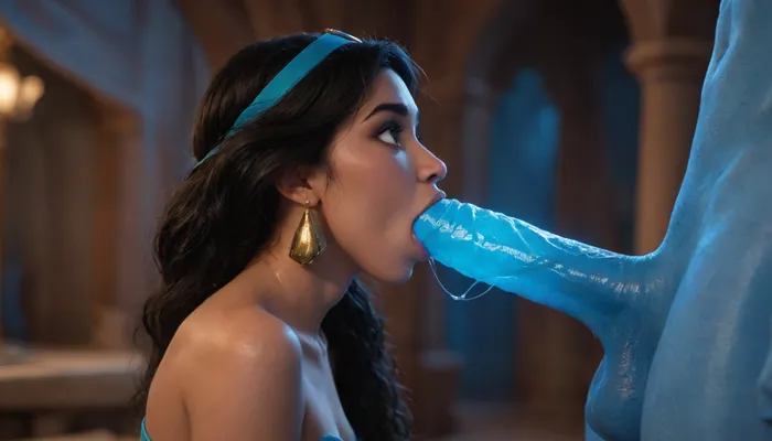 (((Jasmine from Disney movie Aladdin))), ((glowing blue Genie creature huge dick from Disney movie Aladdin)), ((glowing Genie creature body)), (glowing skin), (deepthroat)