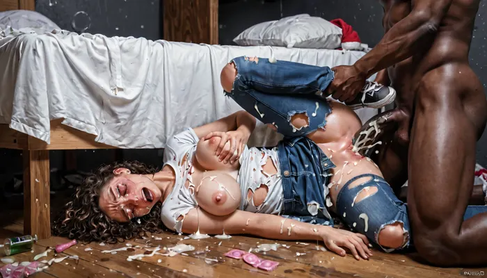 drunk college girl getting fucked in dark apt bedroom, curvaceous girl standing getting fucked doggystyle, small, black man groping tiny woman, pretty face, large black cock on her face, covered in cum, ripped clothes, virgin girl getting fucked, slut, whore for bbc penis, used condoms, messy, clothes on floor, dark room, cum everywhere, diverse, interracial, unconscious, party, embarrassed, watery eyes, crying, tears, drugs, drunk, roofie, sleeping, passed out, detailed aroused faces, dorm room, missionary, vaginal sex, wide shot, dorm room bed, (pants around ankles), one breast falling out of top, she is very aroused and having an orgasm, exposed, shock, disgust, arousal, groping, taboo