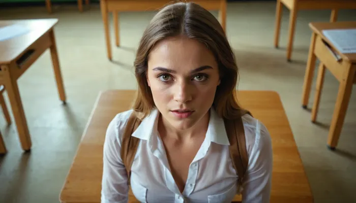 20-years girl in the classroom, Georgian type, eyes open, cum on face happy, front view from above, full body view, naked, teacher punishing