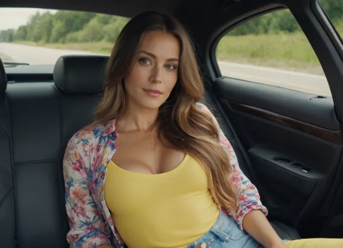 woman, 37yo, sit on back seat of car, looking at me, ((voluminous long hair)), ((in bright summer casual outfit)), ((full clothing)), ((full body view)), eye contact, hyper realistic, ultra realistic, natural lighting, realistic shadows, seductive look, full length view, cute smirk, downblouse, exposed breasts