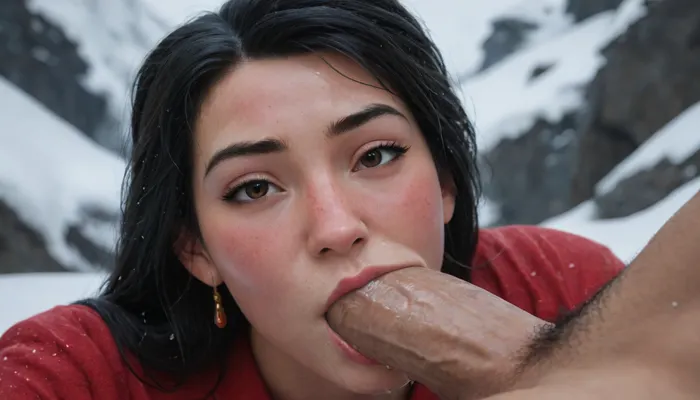 (Masterpiece, Best quality), (sexy 18yo), (((((((Mulan from Disney))))))), ((brown eyes)), ((makeup)), ((huge wet dick)), (((dick cant fit in the mouth))), (((Chinese eyes))), (Chinese snow mountain background), ((creamy deepthroat pov))