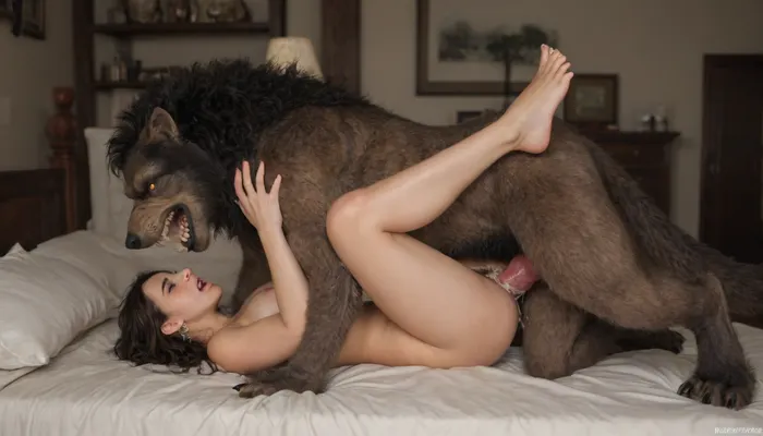 vaginal sex, cum inside, knotted werewolf penis, modern-werewolf, mating press, fast movement, howling, excessively hairy bush, dense long pubic hair, excessive pubic hair, <lora:253562_training_data:.8>, <lora:Modern_Werewolf:.8>