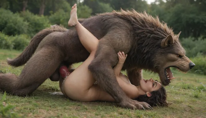vaginal sex, cum inside, knotted werewolf penis, modern-werewolf, mating press, fast movement, howling, in the fields, excessively hairy bush, dense long pubic hair, excessive pubic hair, <lora:253562_training_data:.8>, <lora:Modern_Werewolf:.8>