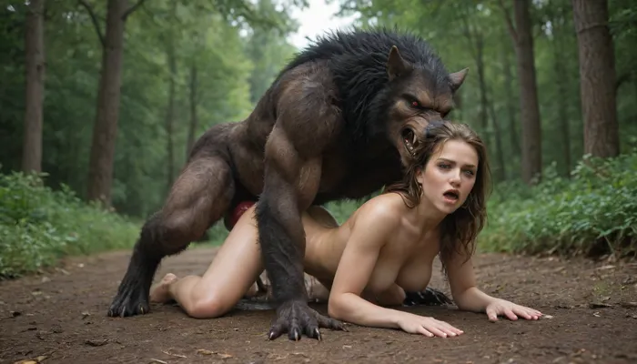 Werewolf, massive red knotted werewolf penis, red eyes, doggystyle sex, beautiful warrior woman, rough sloppy sex, primal mating, cum inside, growling, moaning and drooling from the mind melting orgasm, big full boobs, modern-werewolf, <lora:Modern_Werewolf:.8>, excessively hairy bush, dense long pubic hair, excessive pubic hair, <lora:253562_training_data:.8>, <lora:add-detail-xl:.8>