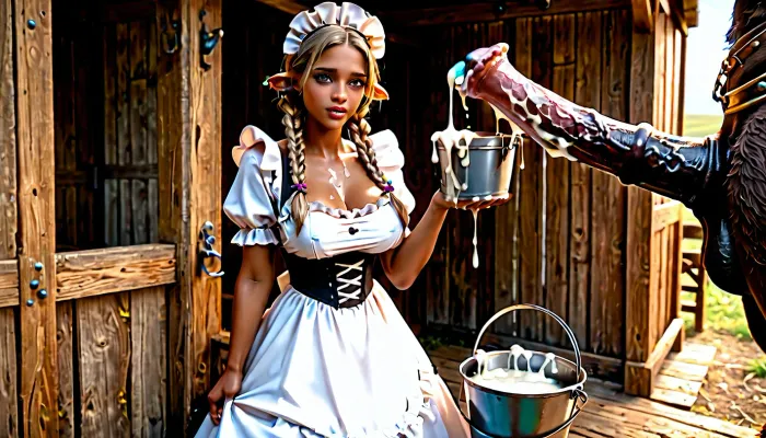 Beautiful woman, dark skin, large breasts. Hair in braids. Milk maid dress. Collecting cum from minotaur in a large bucket. Large horse penis ejaculating into bucket. Bucket overflowing with cum.