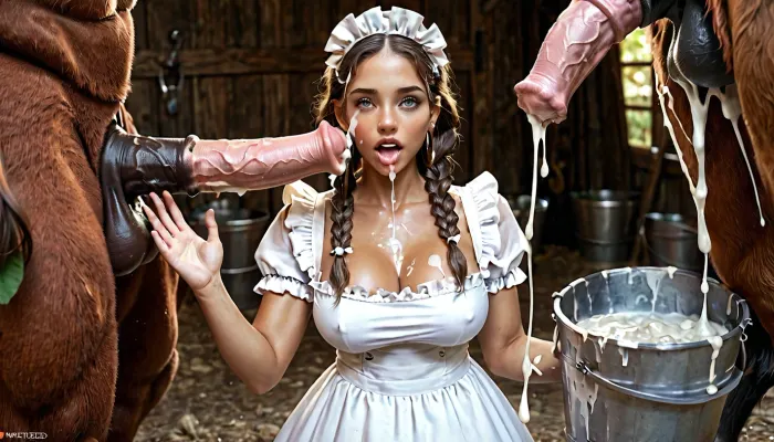 Beautiful woman, dark skin, large breasts. Hair in braids. Milk maid dress. Collecting cum from minotaur in a large bucket. Large horse penis ejaculating into bucket. Womans face near mi itaur penis. Bucket overflowing with cum.