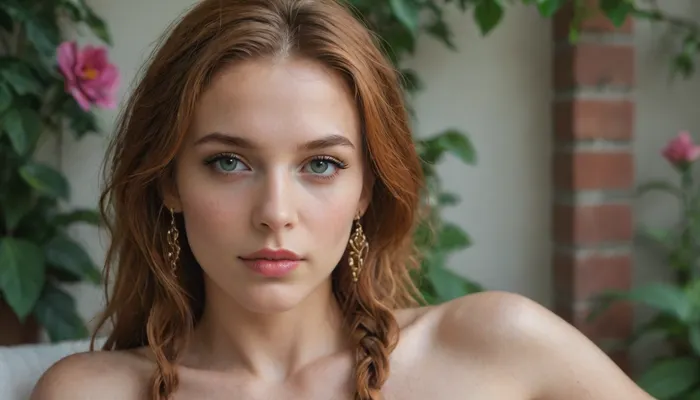 Woman, Makeup, Portrait, Seductive pose, John Berkey, Beauty face, Naked, Pale skin, Fit, Braided hair, Ginger hair, Pubic hair, Blooming garden