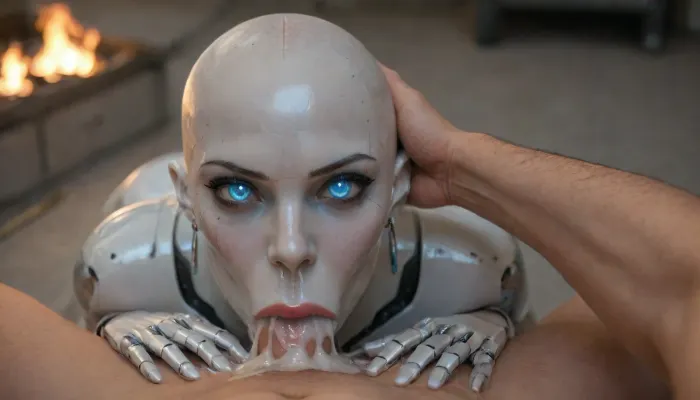 (Masterpiece), sexy bald robot with robot face is sucking a huge human dick, deepthroat, oral sex, pumping, head pull by neck, (hyper fully robotic girl), (fully bald), (robotic head and face without eyebrows), super angry robot face expression, hyper huge doll lips, cyan robotic shiny super glowing eyes, hyper makeup, detailed hands, detailed fingers, (((hyper amount of white thick cum dripping from nose))), (((super mouth cum explosion))), pov, (B3YOND_STYLE_MECHA), <lora:Face_Robotics_sdxl:1.8>, <lora:EnvyMechaGirlXL01:1.8>, <lora:b3yond_style_mecha_2000_lora_f32:1.8>, <lora:SexyRobots-XL:2>, <lora:754990_training_data:.8>